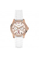 GUESS Women's U0032L3 Breast Cancer Awareness Watch with Rose Gold-Tone White Silicone Strap