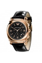 Emporio Armani Men's AR0321 Chronograph Rose Gold Black Dial Black Leather Watch