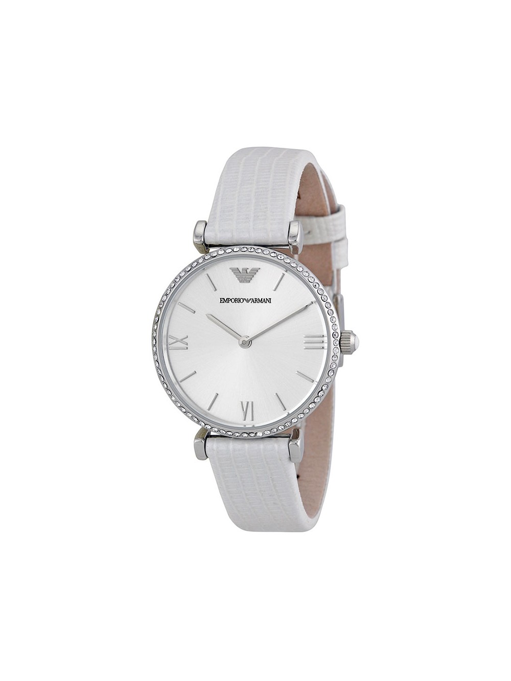 Emporio Armani Silver Dial White Strap Ladies Stone Watch AR1680